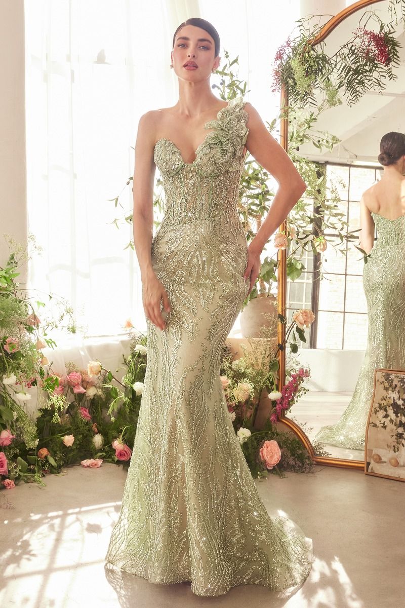ONE SHOULDER FULLY BEADED FLORAL MOTIF GOWN - GREENERY by Andrea & Leo | A1392 | Elegant Evening Dress for Prom, Wedding & Special Occasions