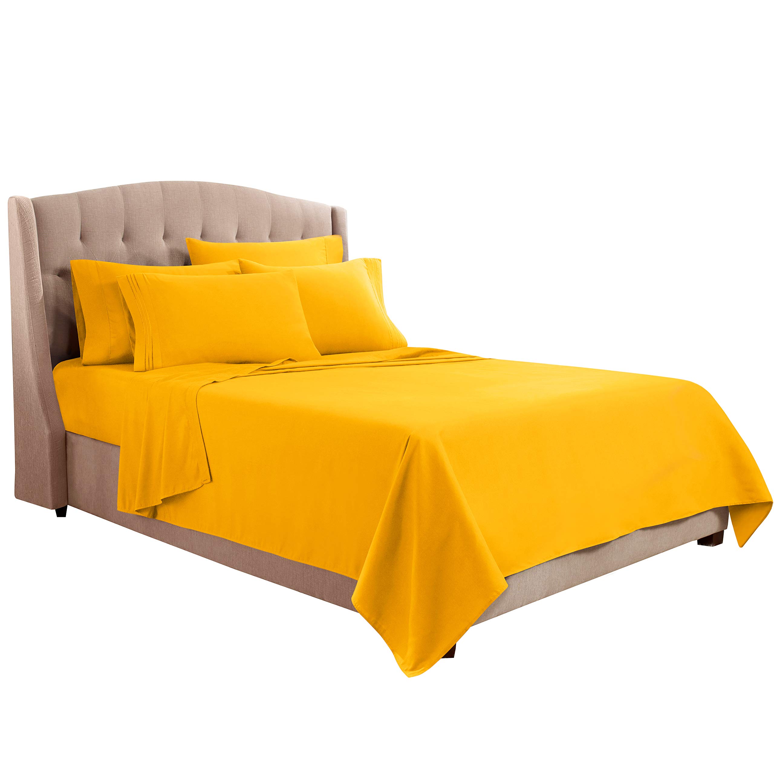 Clara Clark 1800 Series Luxury Bed Sheet Set - California King Size, Deep Pocket Fitted Sheet with Extra Pillowcases, Ultra Soft Microfiber Bedding in Sunny Yellow | Perfect for Master Bedroom, Guest Room & Vacation Homes