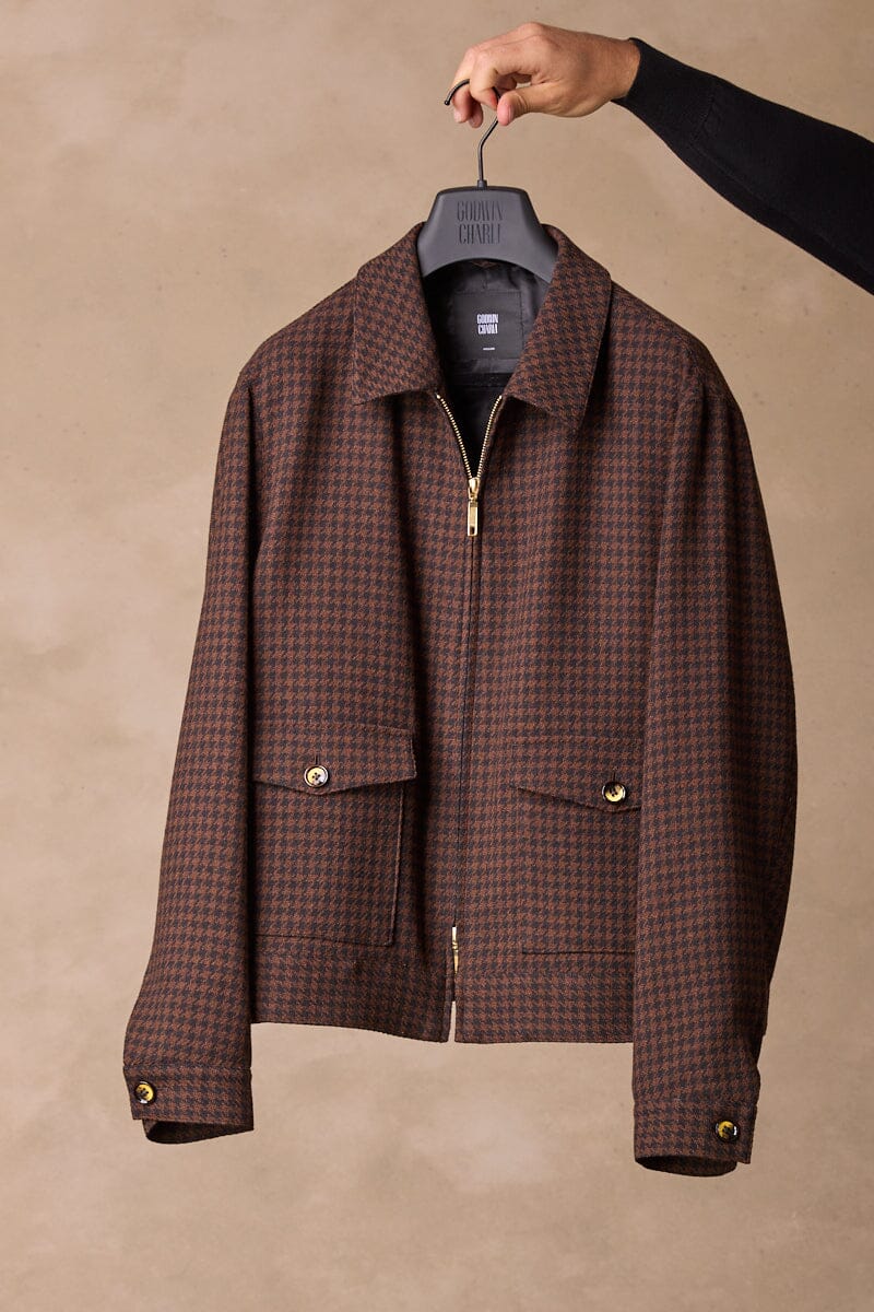 Stylish Black & Brown Gold Houndstooth Blouson Jacket for Women - Perfect for Office Wear, Casual Outings & Fall Fashion