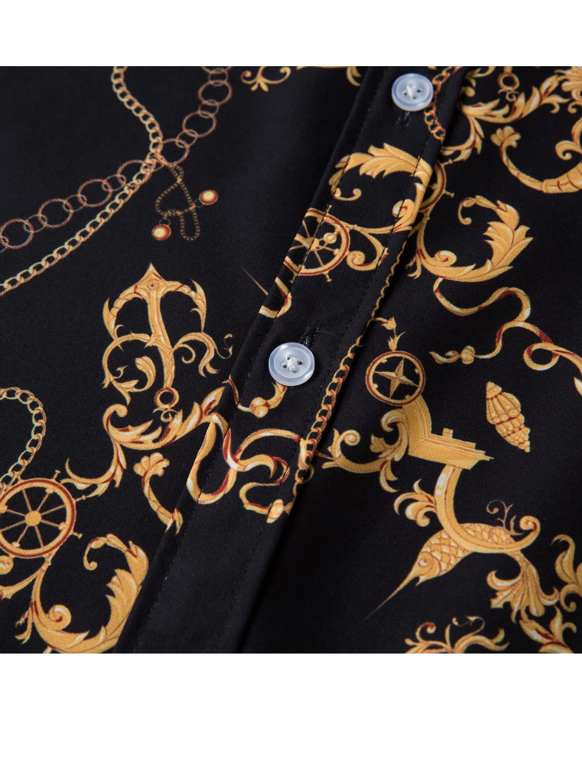 Luxury Men's Black & Gold Baroque Chain Print Short Sleeve Dress Shirt - Elegant Button Down Casual Shirt for Business, Party & Special Occasions