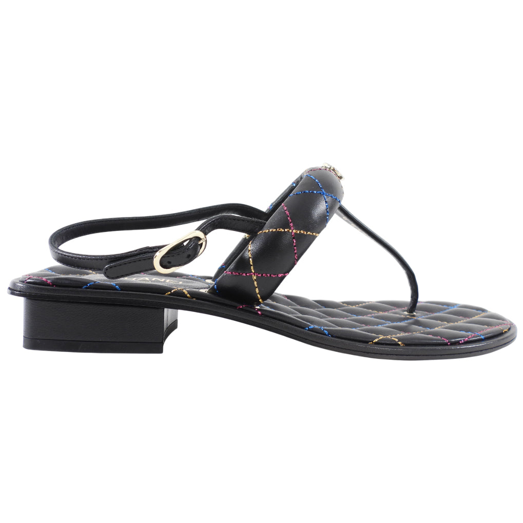 Chanel 21K Black Multi Quilted CC Logo Thong Sandals - Size 40 | Luxury Designer Flip Flops for Women, Beach Vacation & Summer Outfits