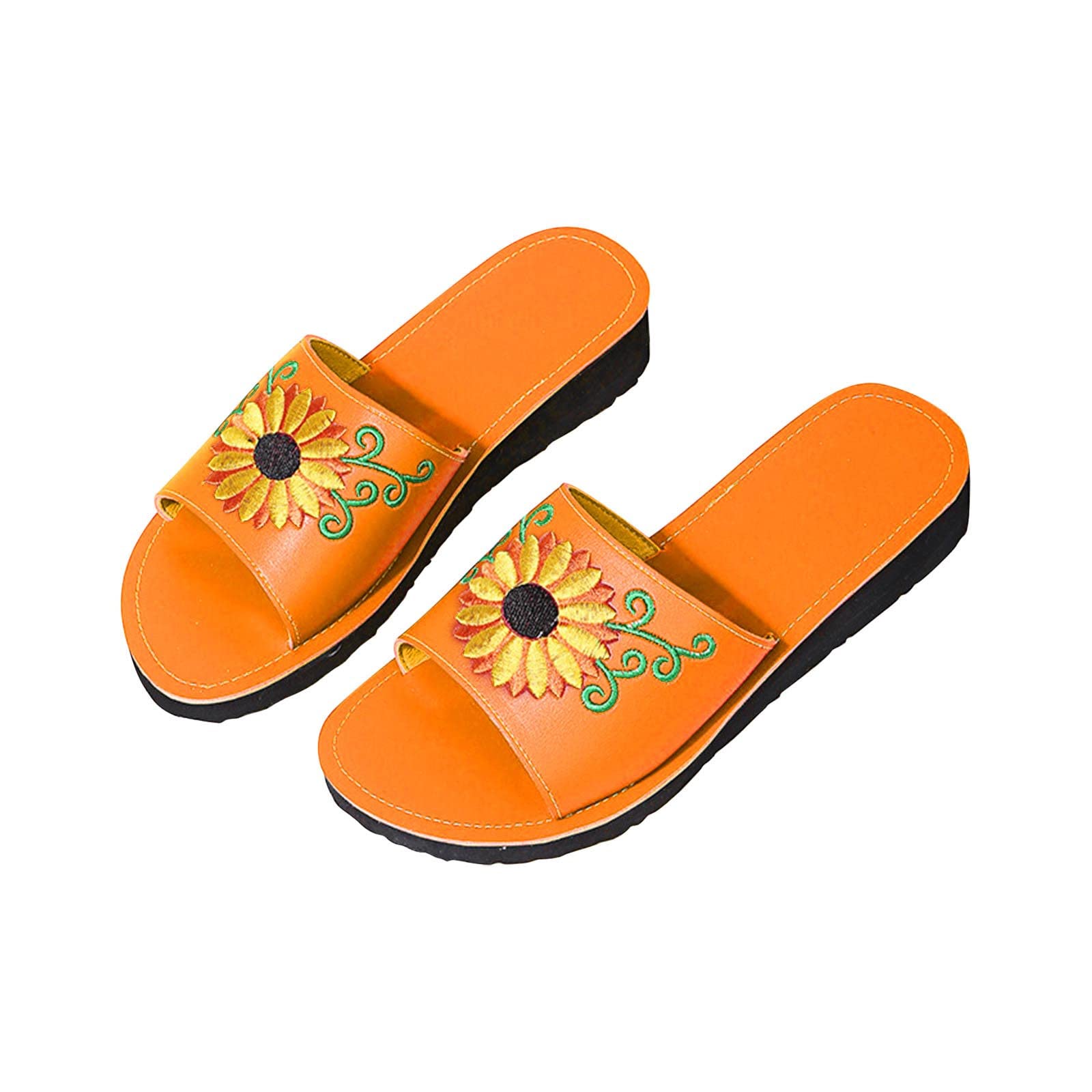 oiangi Women's Sunflower Embroidered Slippers - Summer Casual Fish Mouth Open Toe Slides - Lightweight Comfortable Slip-On Sandals for Outdoor, Home, and Beach Wear