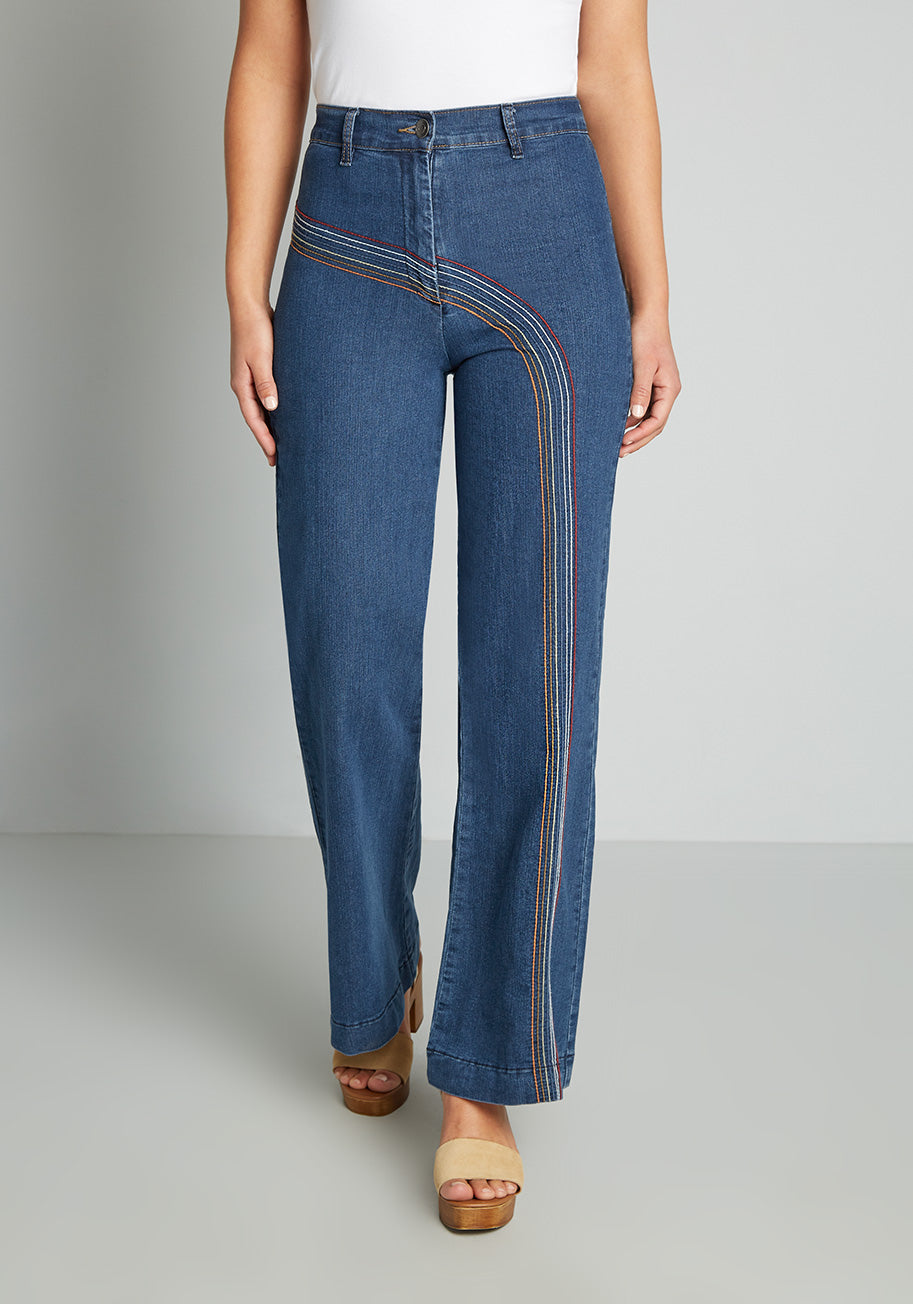Rainbow With Me High Waist Wide Leg Jeans for Women - Trendy Stretch Denim Pants for Casual Wear & Street Style