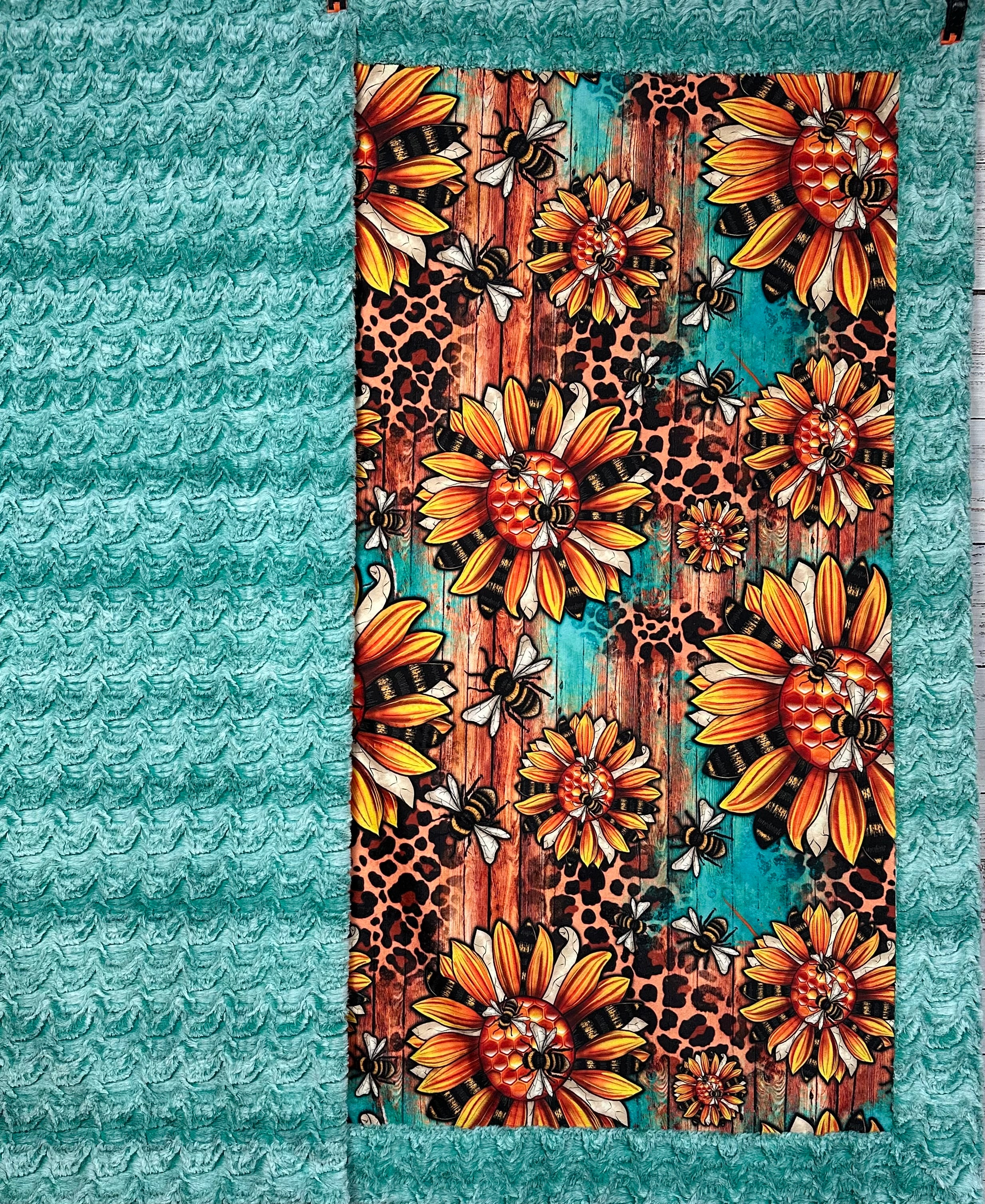 Premium Western Sunflower Bumble Bees Design on Seafoam Green Luxe Large Minky Blanket 55x79 Inches - Soft Cozy Throw for Bedroom, Couch & Outdoor Picnics
