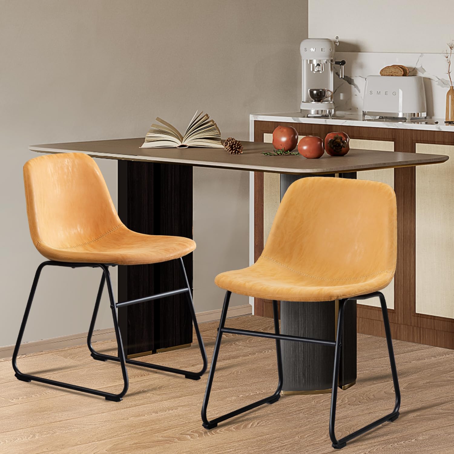 Vanity Art PU Leather Dining Chairs Set of 2 - Modern Armless Kitchen & Dining Room Chairs with Metal Legs in Yellow Tan (UC-13T) - Perfect for Small Spaces, Breakfast Nooks & Contemporary Dining Areas
