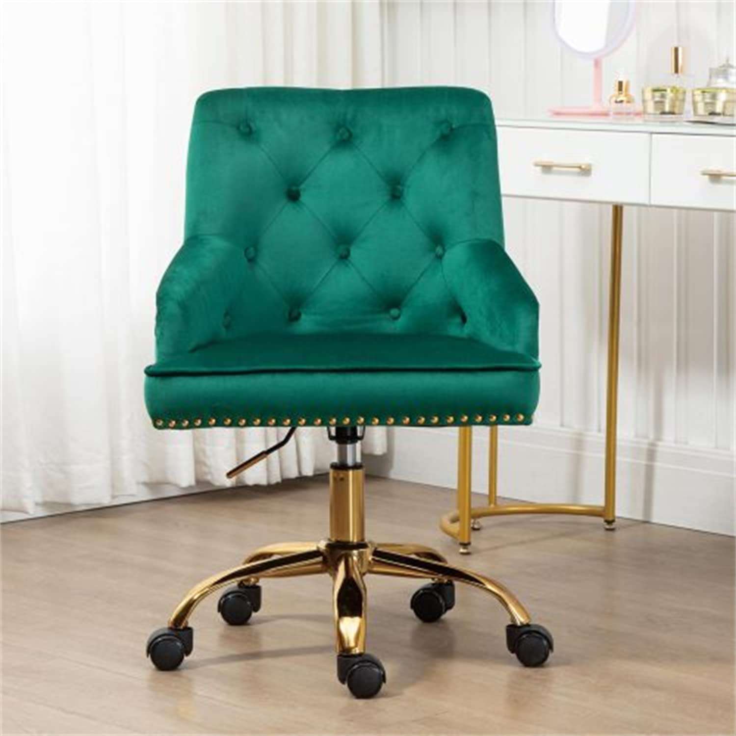 Luxury Velvet Home Office Chair - Adjustable Height Ergonomic Desk Chair with Button Tufted Back & Nail Head Trim - Upholstered Computer Chair for Bedroom, Living Room & Vanity - Perfect for Work, Study & Relaxation - Emerald Green