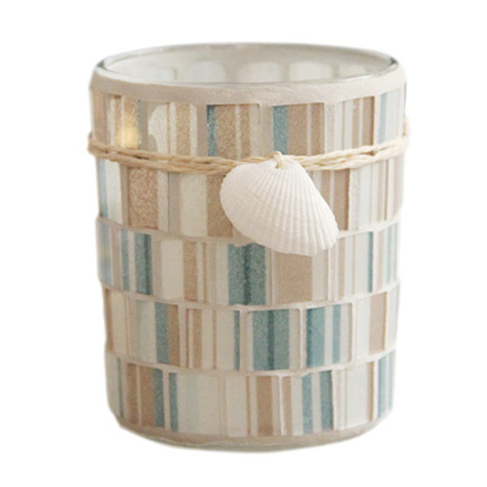 Handmade Mosaic Glass Candle Holder - Mediterranean Style Tea Light Cup Stand with Shell Decor, Decorative Glass Candle Cup for Home, Wedding, Party & Spa Decor (Yellow)