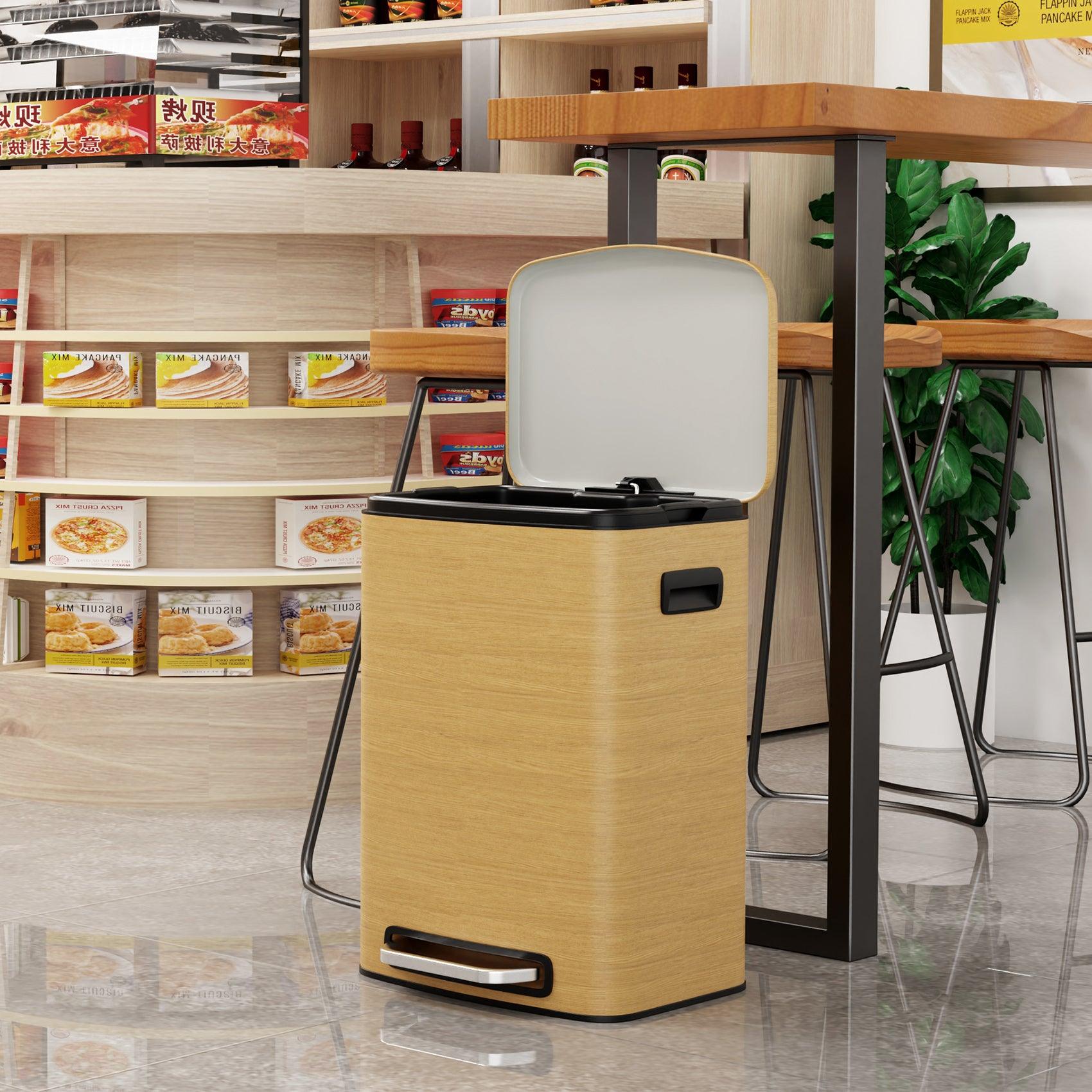 13 Gallon 50L Stainless Steel Rectangular Trash Can with Foot Pedal - Soft Close Lid, Wood Texture Design - Includes 30 Garbage Bags - Perfect for Kitchen, Office, or Bathroom Waste Disposal
