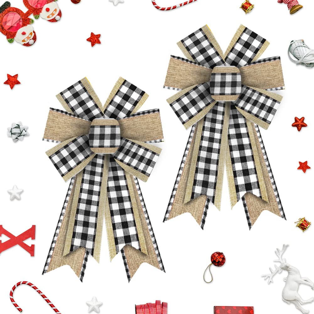 2pcs Christmas Wreath Bows - Buffalo Plaid Burlap Bows for Holiday Decor
