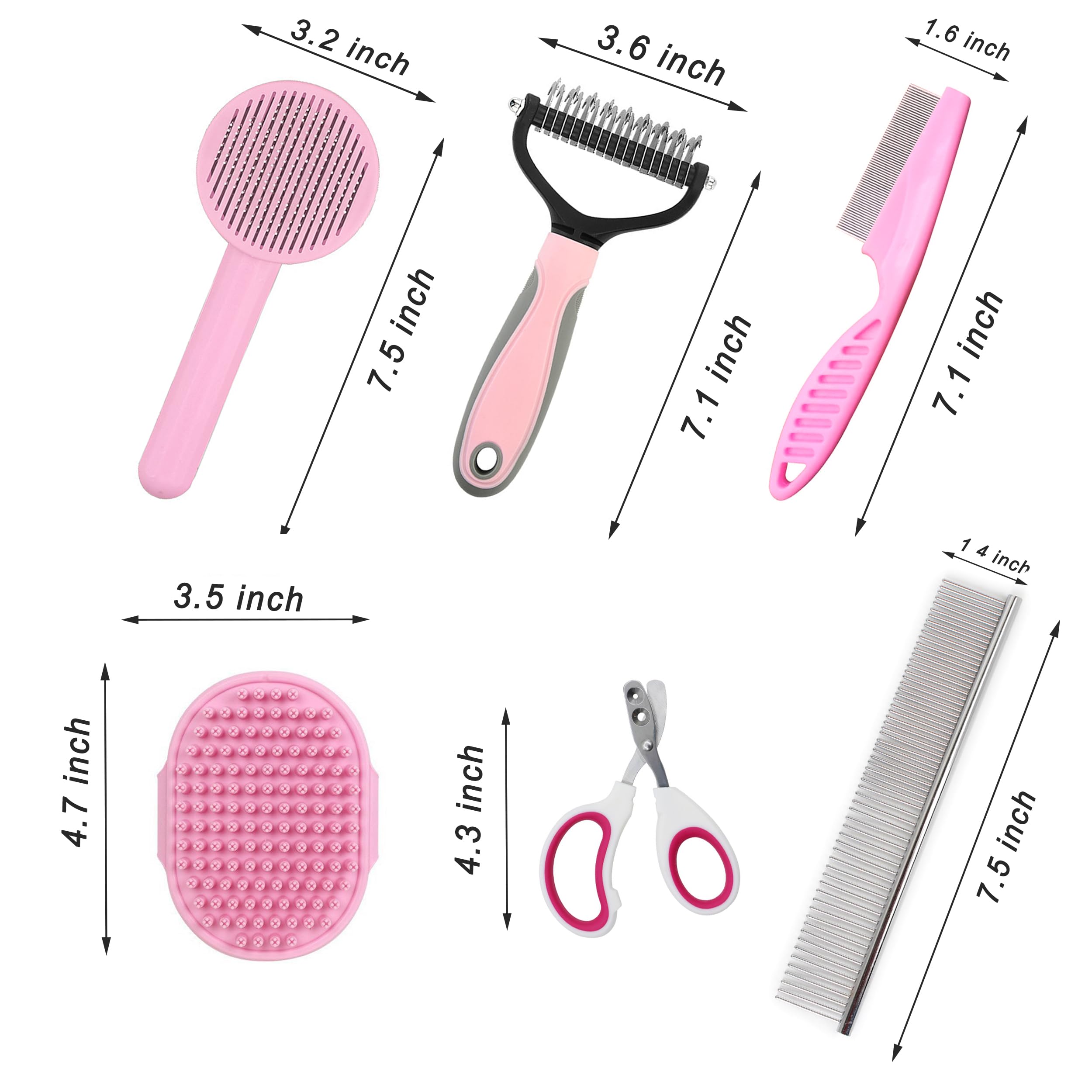 Premium Cat Grooming Brush Kit - 6-in-1 Deshedding & Dematting Tools for Long/Short Hair Cats | Self-Cleaning Slicker Brush & Flea Comb for Cats & Kittens (Pink) | Perfect for Home Pet Care & Professional Grooming