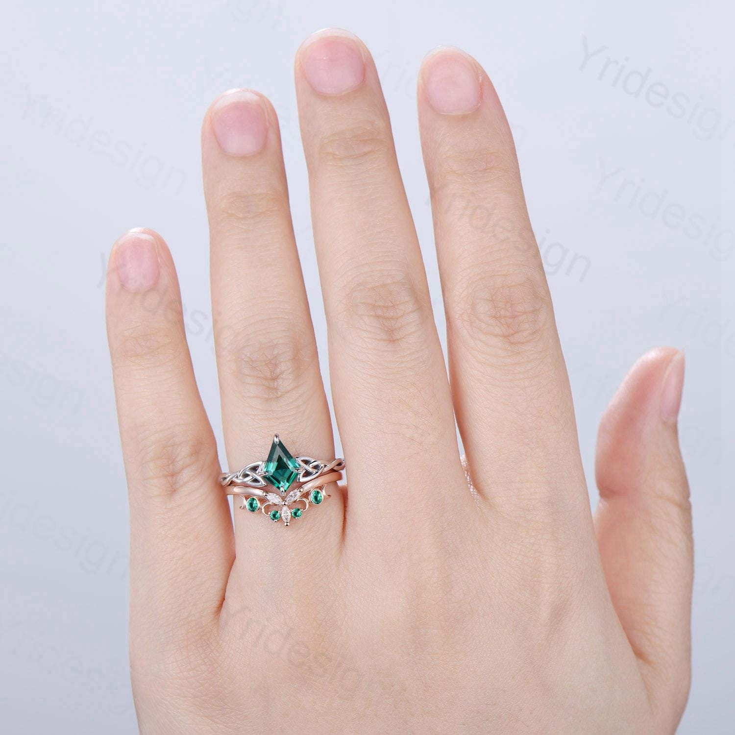 Norse Viking Kite Cut Emerald Engagement Ring Set - Unique Celtic Love Knot May Birthstone Butterfly Wedding Rings - Vintage Twist Bridal Jewelry for Weddings, Anniversaries & Special Occasions