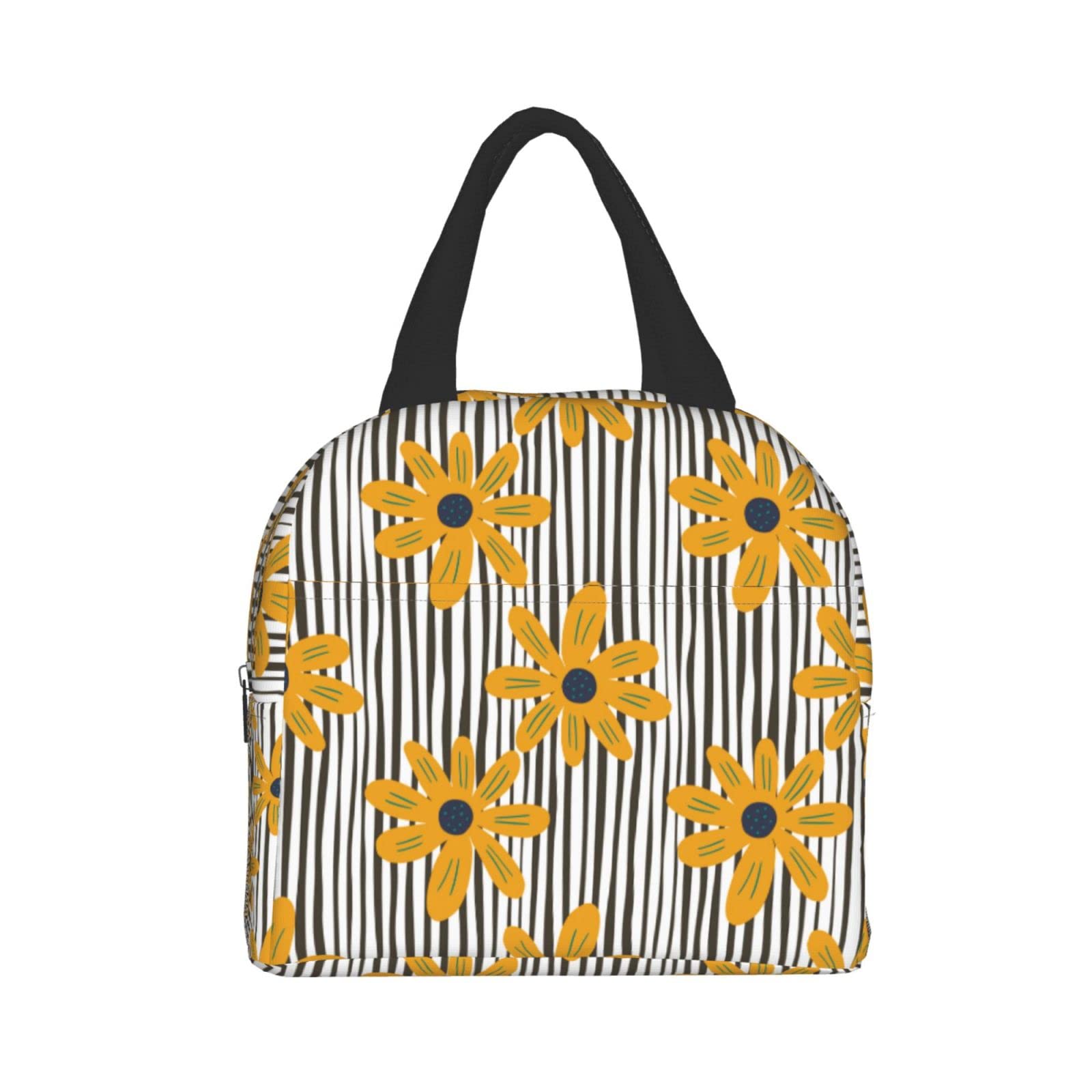 Insulated Lunch Box with Yellow Daisy Stripe Design - Reusable & Portable Meal Container for Men & Women - Perfect for Work, Travel, Picnic & Outdoor Activities