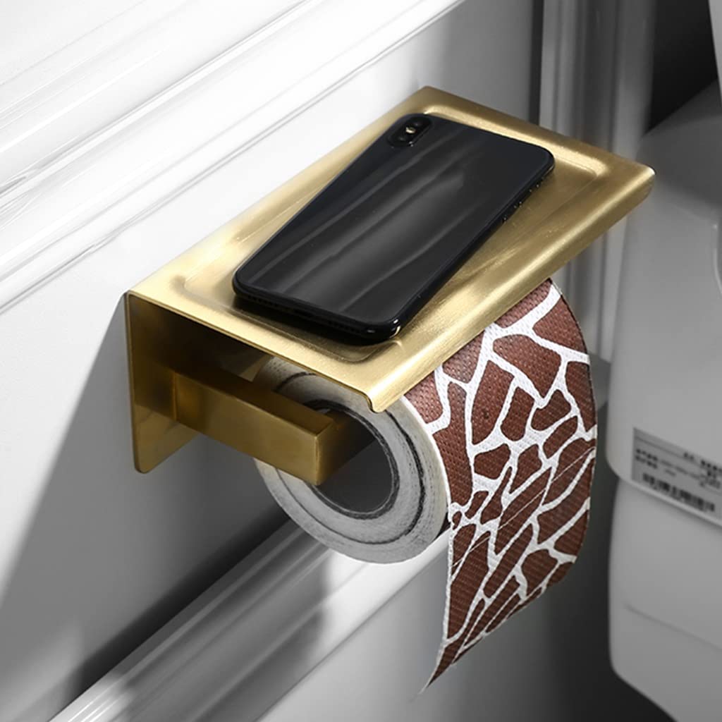 DTKJ Brushed Gold Bathroom Accessories Set - Stainless Steel Towel Rack, Shelf, Ring, Toilet Paper Holder & Phone Holder | Modern Bathroom Organization for Home, Apartment, Hotel (Mobile Phone Holder Option)