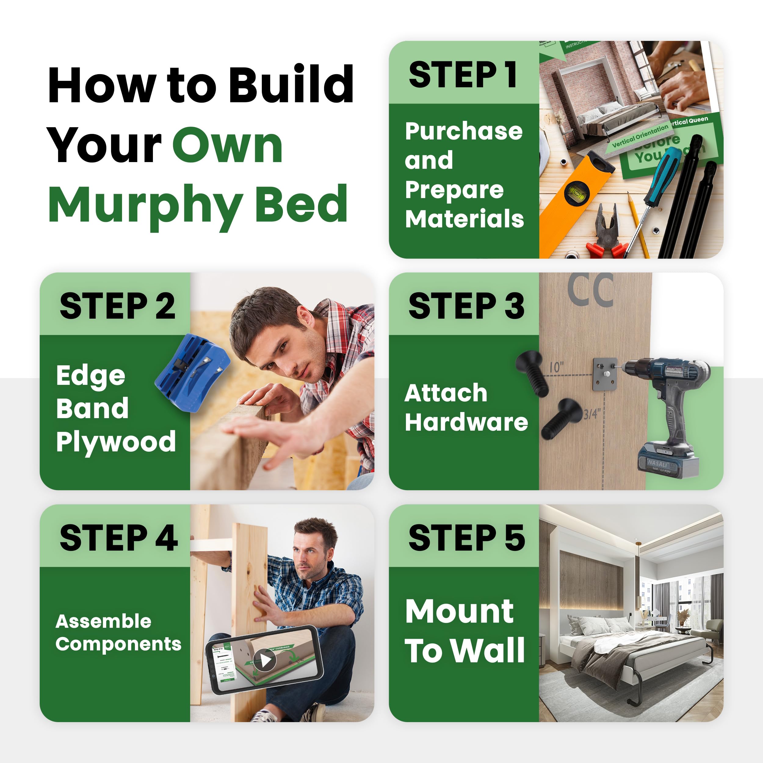 Queen Size DIY Murphy Bed Kit - Vertical Wall Bed Hardware & Frame with Deluxe Mechanism | Includes Bonus Tools for Easy Installation | Perfect for Small Spaces, Guest Rooms & Home Offices