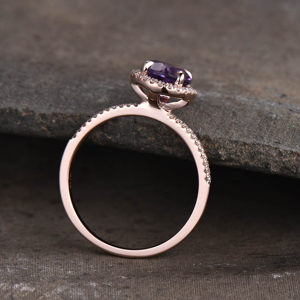 7mm Natural Round Cut Amethyst Engagement Ring - 14K Rose Gold Halo Prong Setting with Diamond Accents | Perfect for Weddings, Anniversaries & Romantic Proposals