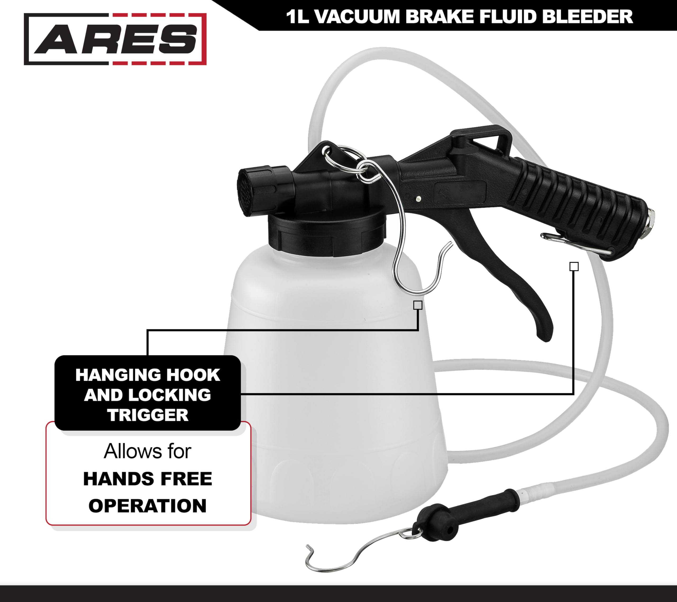 ARES 70923 Vacuum Brake Fluid Bleeder Kit - 1 Liter Brake Fluid Extractor with Hanging Hook & Locking Trigger for Hands-Free Operation - Perfect for Car Maintenance, Motorcycle Repair & DIY Auto Service