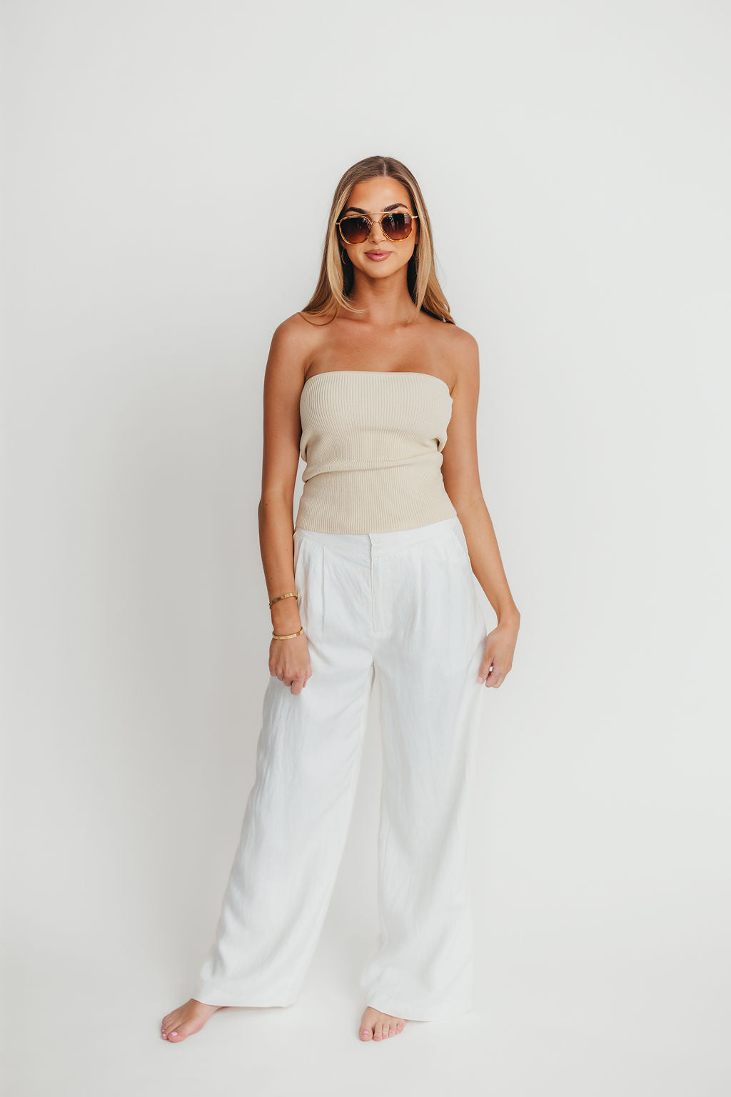 Sylvia Wide Leg Pants for Women - High Waisted Linen Blend Trousers in Off White | Comfortable & Stylish for Office, Casual Outfits & Summer Wear