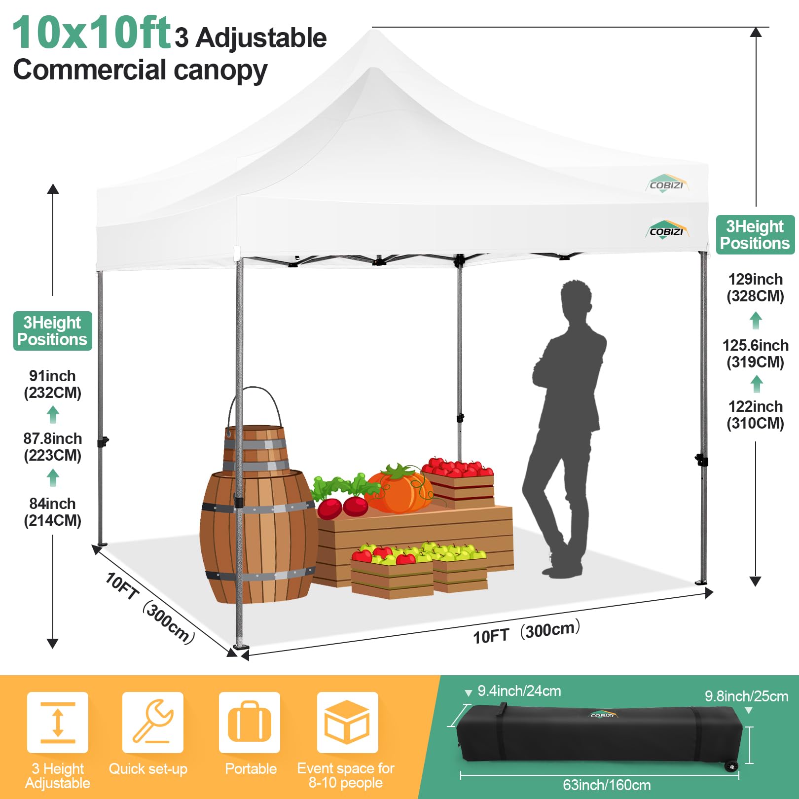 COBIZI 10x10 Pop Up Canopy Tent with 4 Sidewalls - Heavy Duty Commercial Canopy, UPF 50+ Sun Protection, Waterproof & Windproof for Outdoor Events, Weddings, Parties, and Camping - Includes Roller Bag (White)