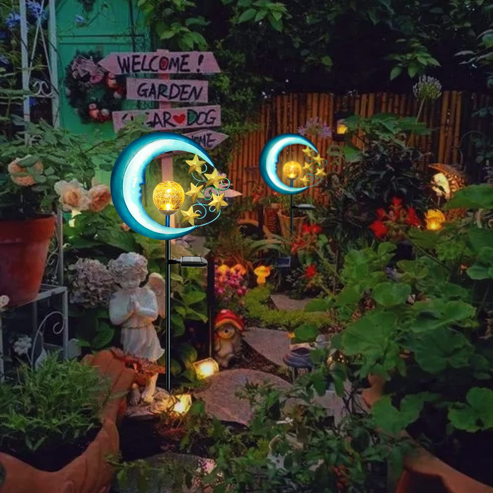 Solar Powered Outdoor Garden Lights - Waterproof Crackle Glass Globe LED Landscape Lighting for Pathway, Yard, Lawn, Patio | Decorative Moon & Stars Design for Garden, Walkway, Driveway, Backyard Lighting