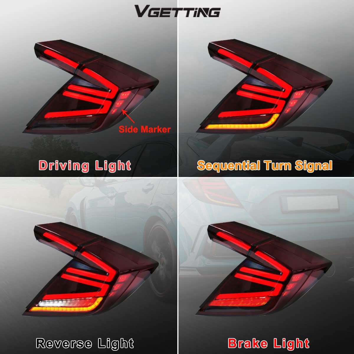 2016-2020 Honda Civic Type-R Hatchback LED Tail Lights - Red Lens Sequential Turn Signal DRL Reverse Brake Light Assembly | Upgrade for Night Driving & Car Shows