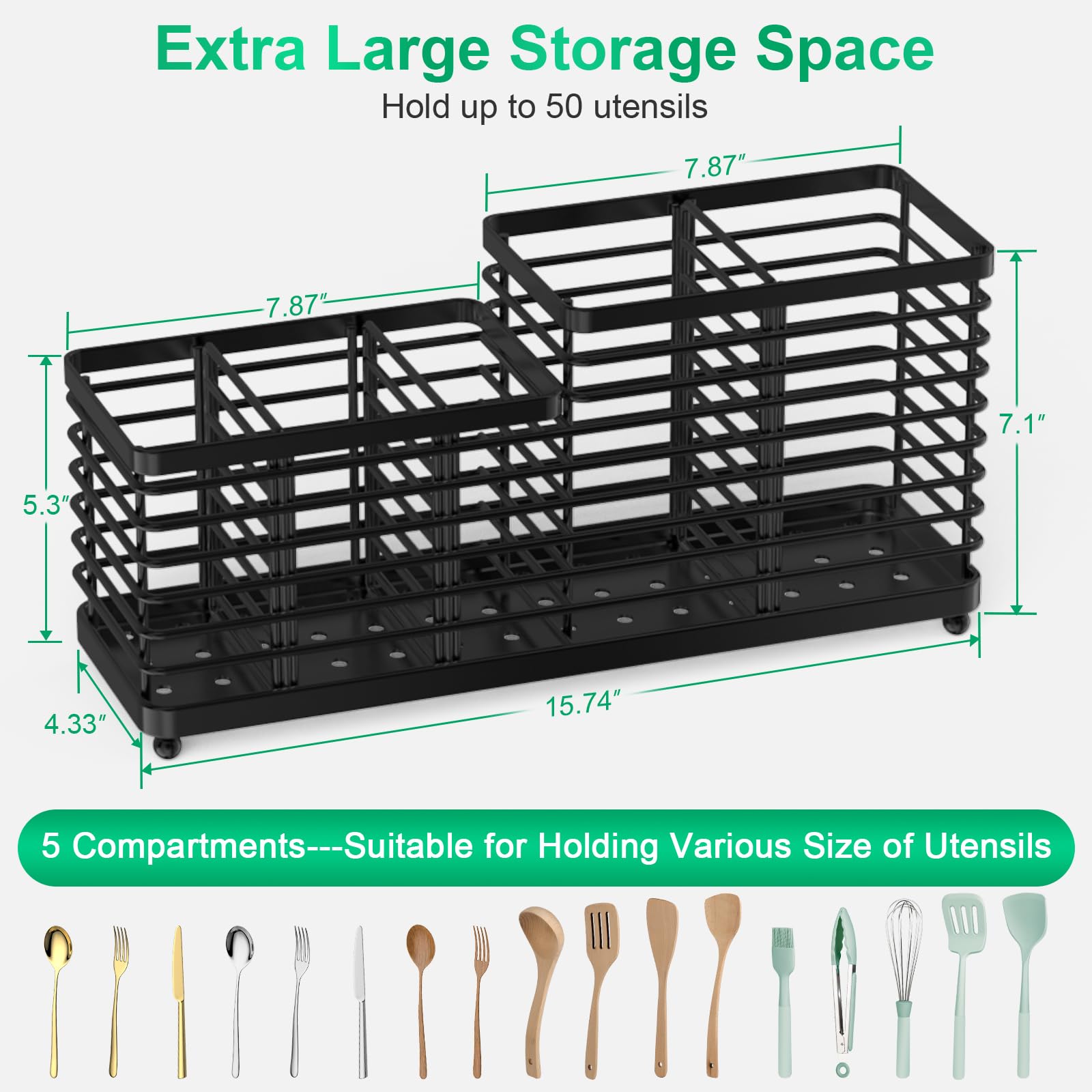 TomCare Extra Large Utensil Holder - Sturdy Metal Kitchen Organizer with 3 Removable Dividers for Spoons, Spatulas & Cutlery - Countertop Storage Caddy for Cooking Tools (Black) | Perfect for Kitchen Counter Organization & Easy Utensil Access While Cooking