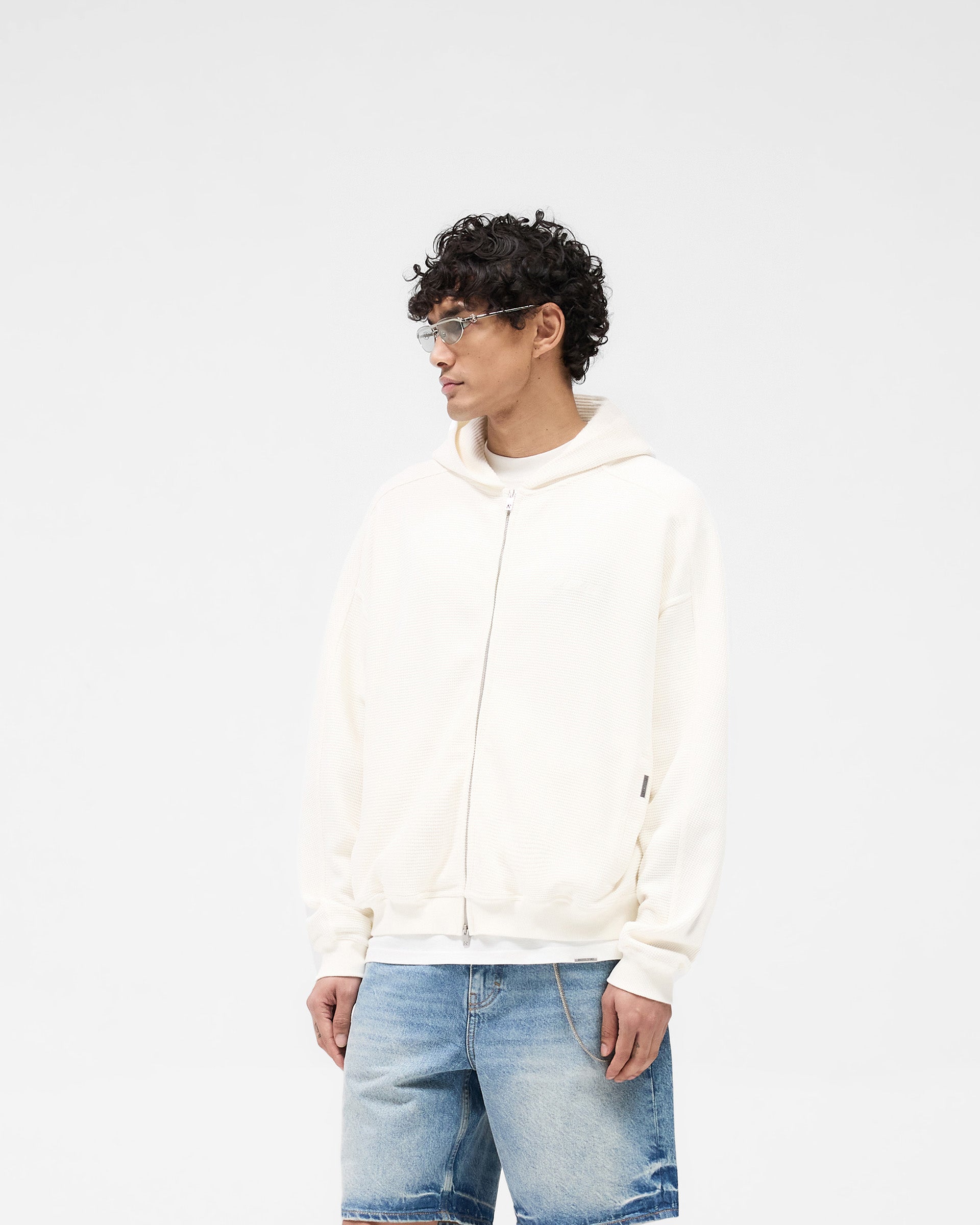 Waffle Zip Through Hoodie for Men & Women - Soft Fleece Lined Pullover with Front Pockets - Flat White - Perfect for Casual Wear, Outdoor Activities & Lounge Comfort