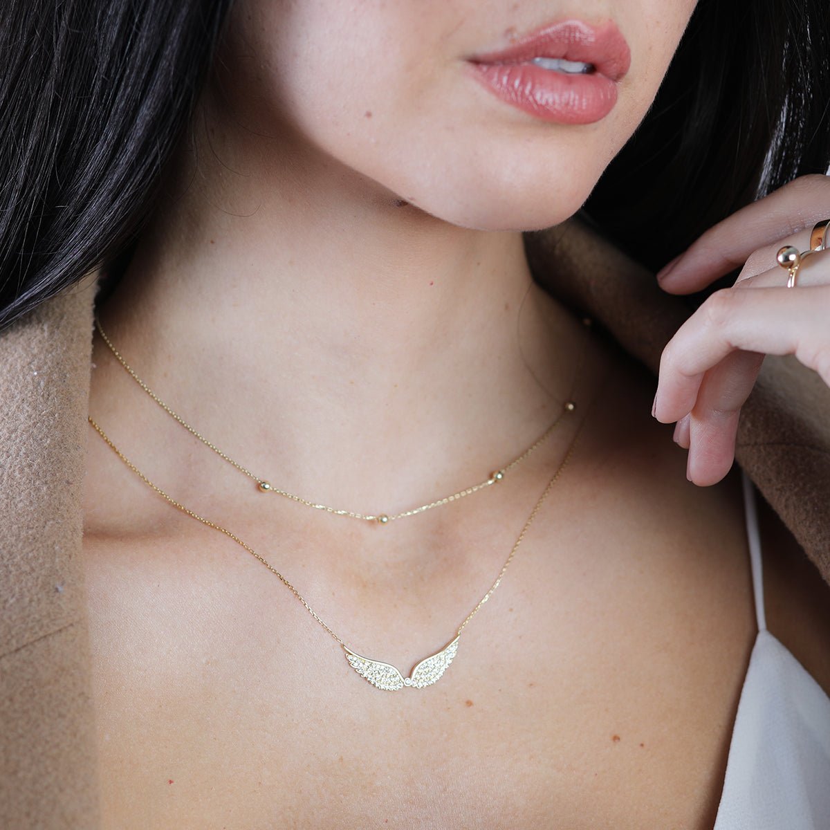 14K Yellow Gold Angel Wing Necklace with Sapphire Accents - Elegant Jewelry Gift for Women, Perfect for Anniversaries, Birthdays & Special Occasions