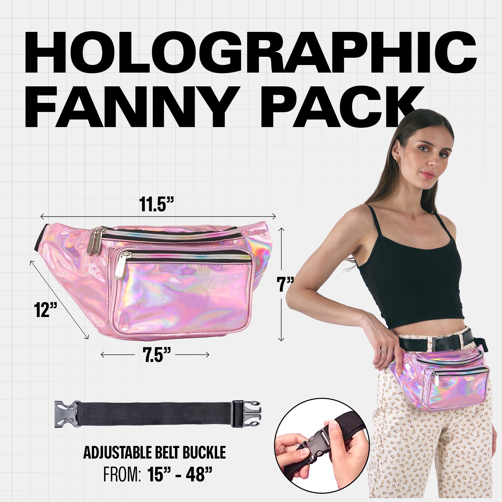 Holographic Fanny Pack Belt Bag for Men & Women - Waterproof Crossbody Waist Pack - Hands-Free Bumbag for Hiking, Running, Travel & Everyday Use - Pale Pink