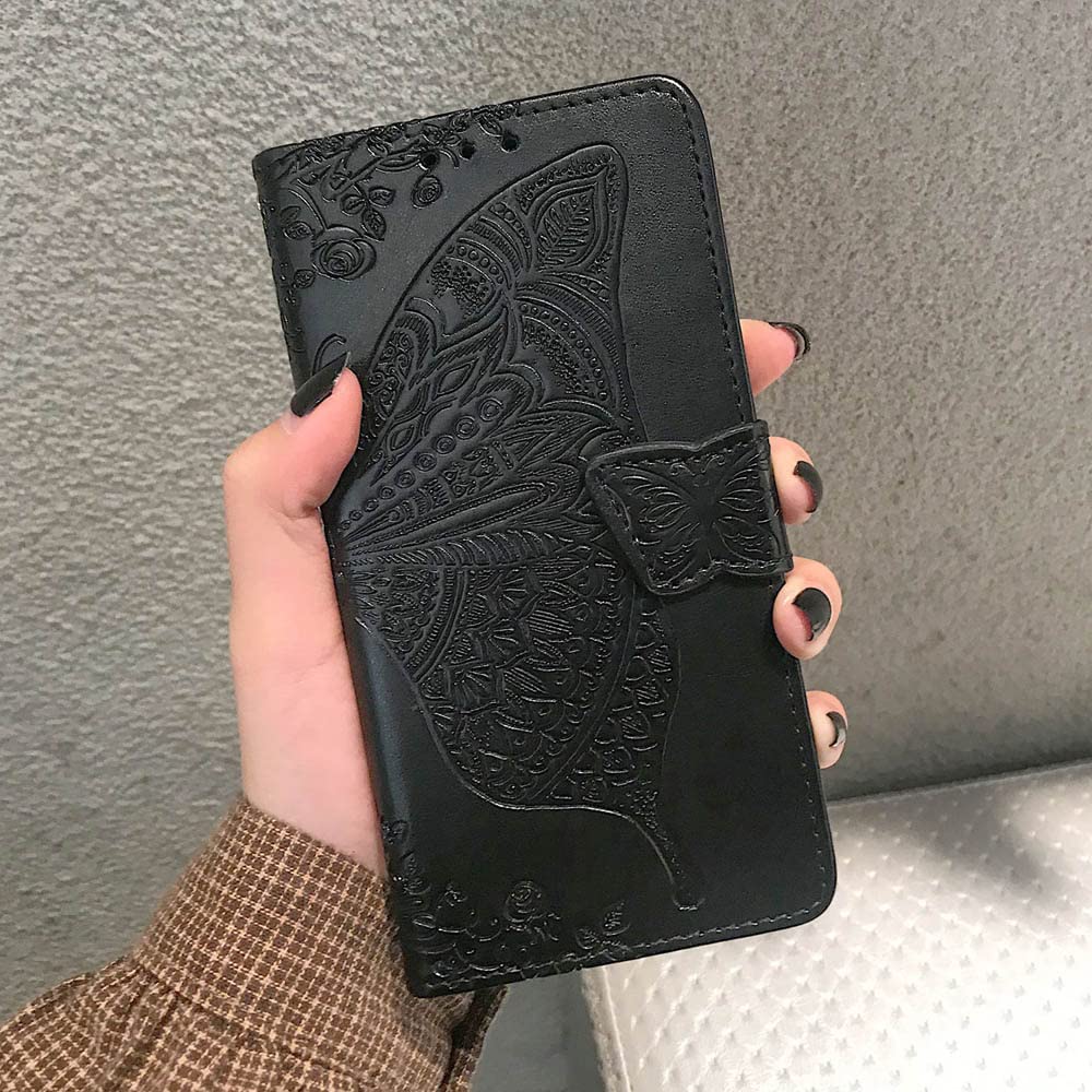 Motorola Moto G Pure Phone Case Wallet - Butterfly Embossed PU Leather Protective Cover with Card Holder Slots, Kickstand & Wrist Strap | Stylish Flip Case for Women | Perfect for Everyday Use, Travel & Work (Black)