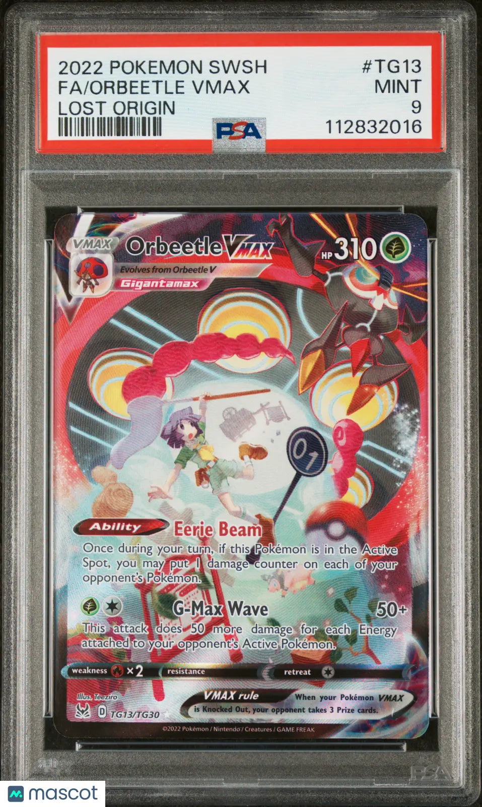 2022 Pokemon Sword & Shield Lost Origin Orbeetle VMAX Full Art PSA 9 Graded Card TG13/TG30 - Rare Collectible for Trading Card Game Battles & Display