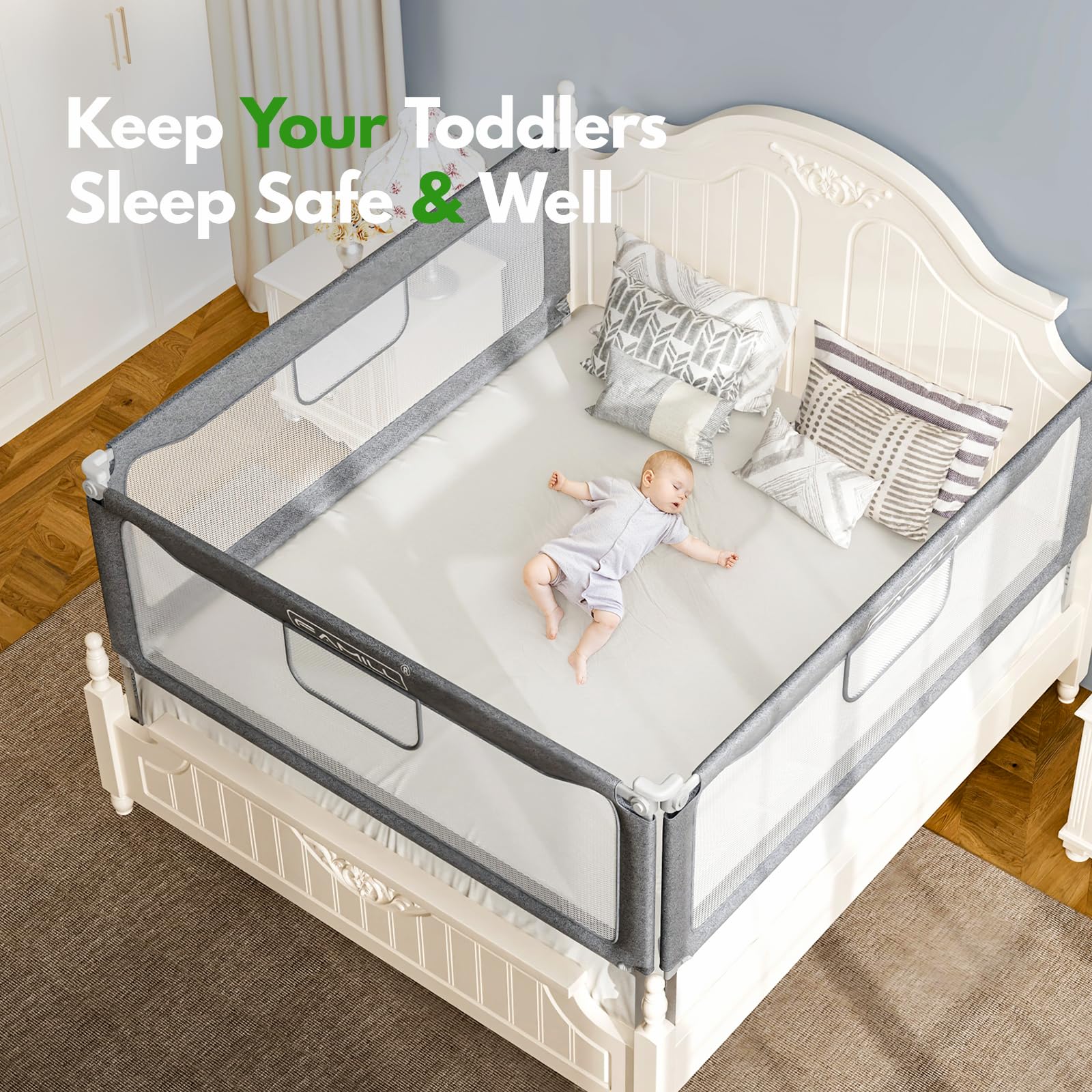 FAMILL Foldable Toddler Bed Rail - Easy 2-Minute Assembly, U-Shaped Base for Queen/King/Full/Twin Size Beds, 39