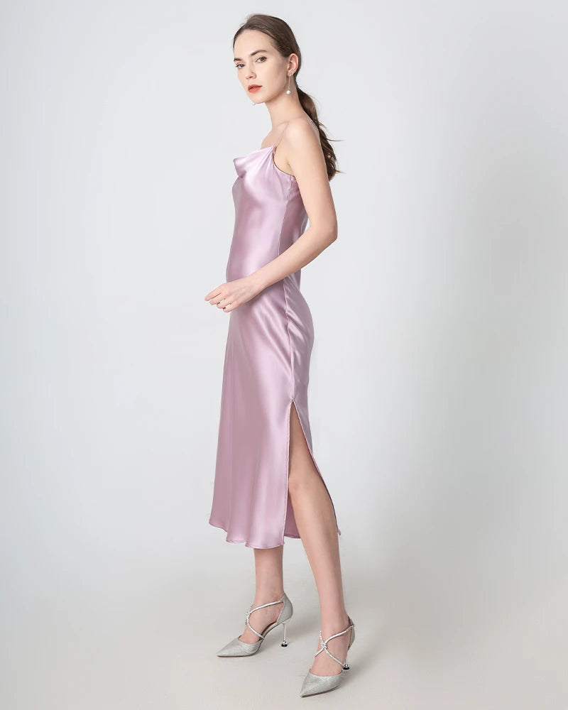 Elegant Slit Cowl Neck Midi Silk Dress for Women - Luxury Party & Evening Wear - Perfect for Weddings, Cocktails & Special Occasions