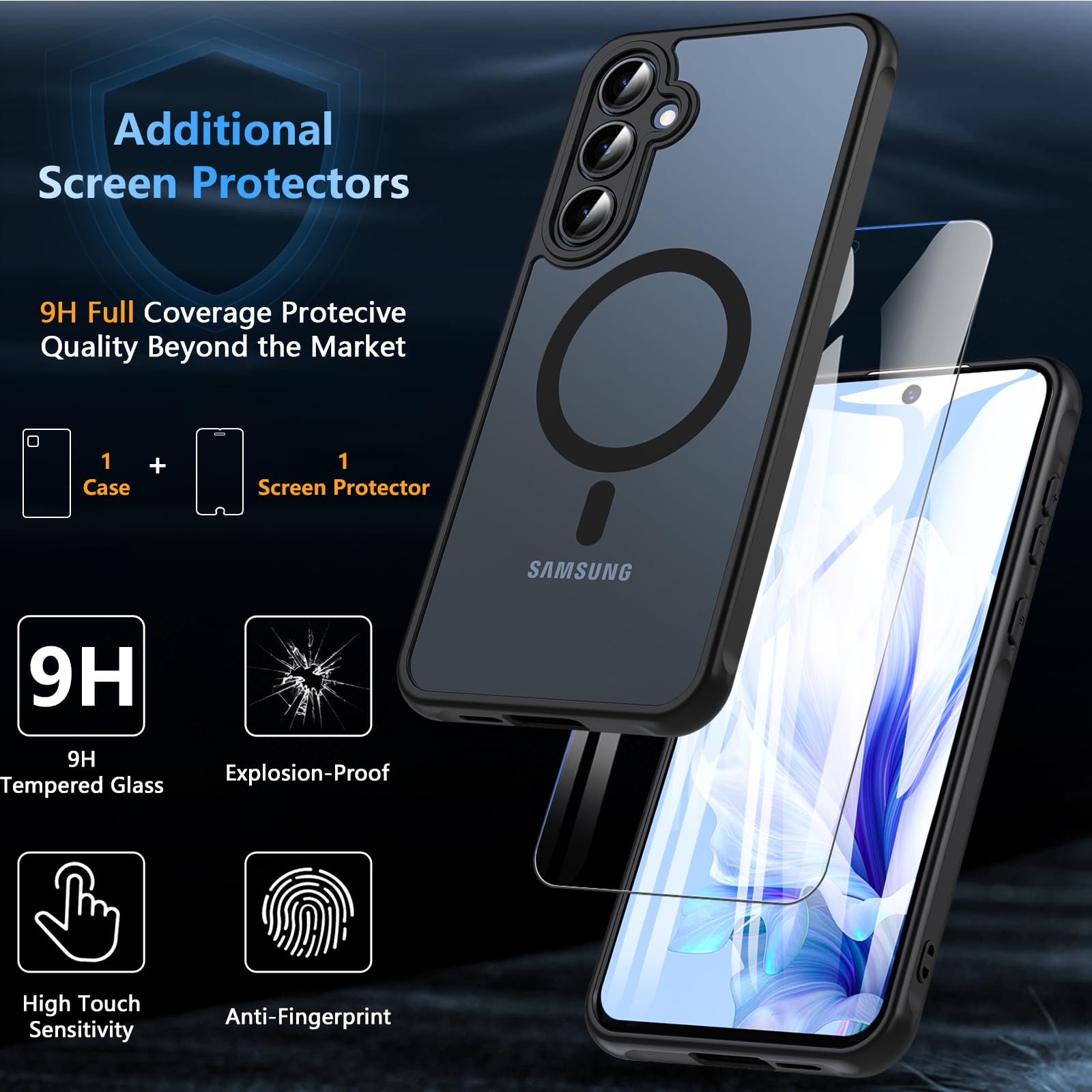 Shockproof Magnetic Case for Samsung Galaxy A55 5G with Tempered Glass - Translucent Matte Military-Grade Protection Hard Cover (Black) | Perfect for Outdoor Activities, Travel & Daily Use