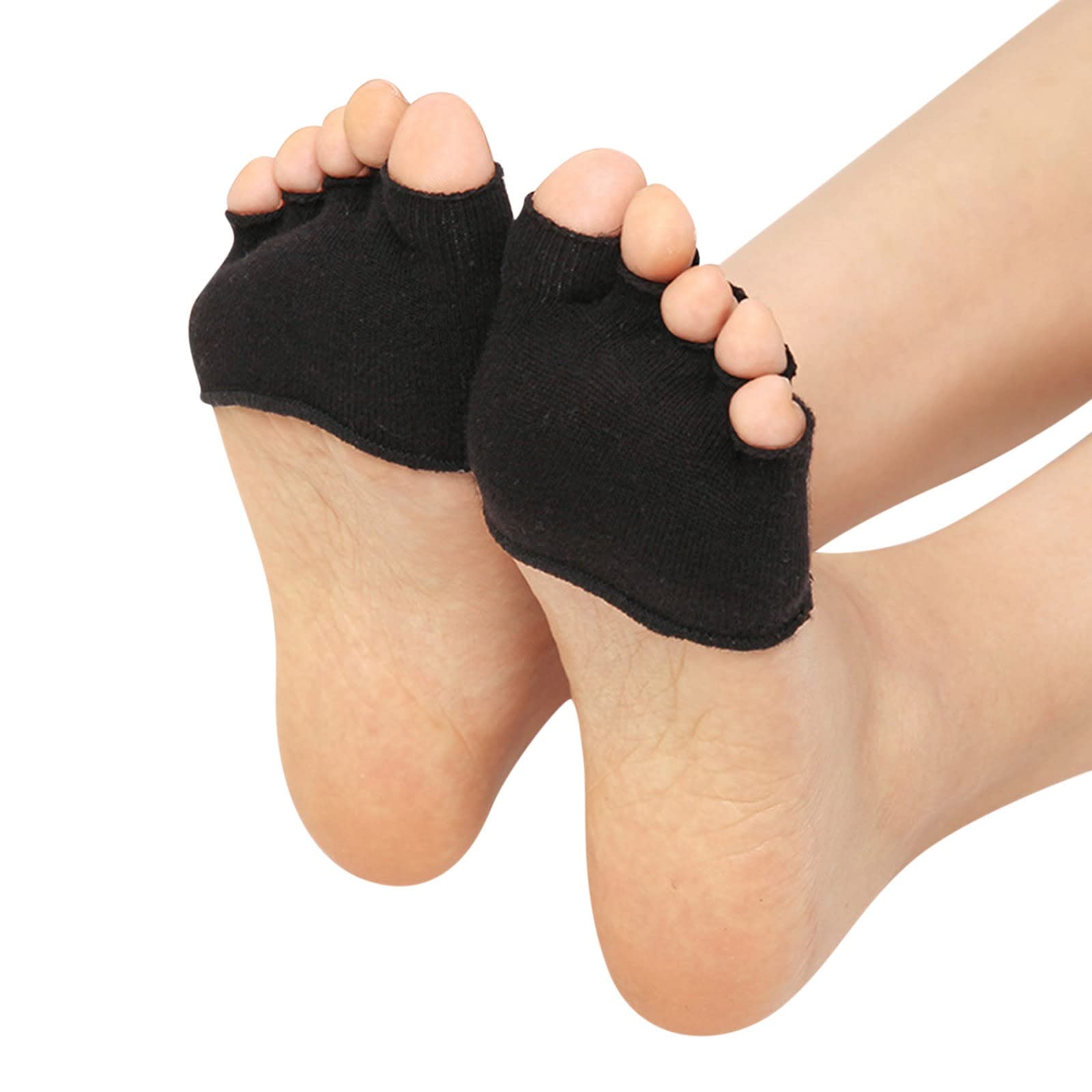 Non-Slip Open Toe Yoga Socks for Women - Breathable Cotton Five Finger Grip Socks for Pilates, Barre & Home Workouts - Black