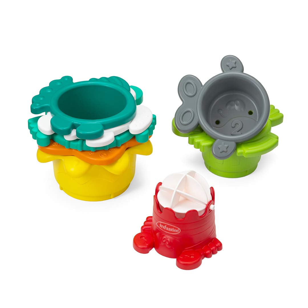 Infantino 8-Piece Stacking Cups Set with Water Mill – 7 Colorful Pyramids + 1 Interactive Water Mill – Perfect for Bathtime Fun & Early Learning Development