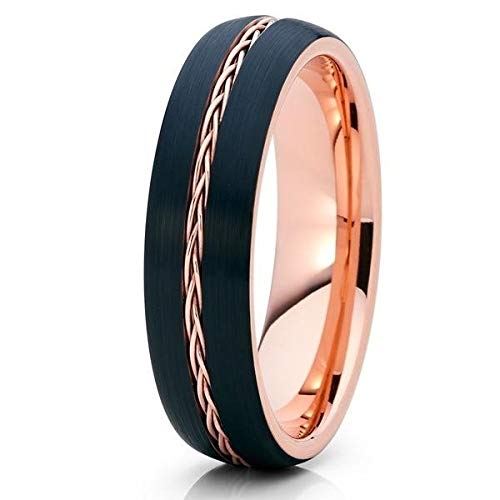 Rose Gold Tungsten Wedding Band - 6mm Tungsten Carbide Ring for Men & Women - 18k Rose Gold Plated Comfort Fit Braid Design - Perfect for Anniversaries, Engagements & Everyday Wear