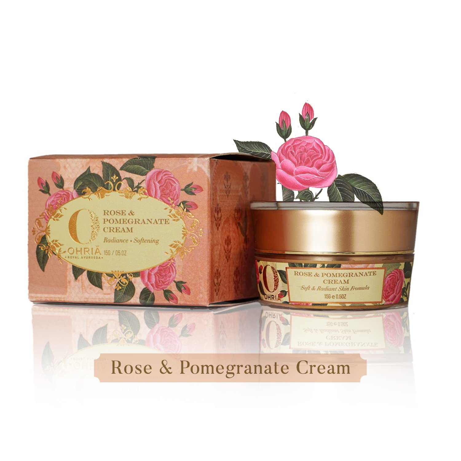 Ohria Ayurveda Rose & Pomegranate Face Cream with Almond, Ashwagandha & Wheat Germ Oil - Radiant & Softening Moisturizer for All Skin Types | 15g | Perfect for Daily Skincare Routine & Nighttime Hydration