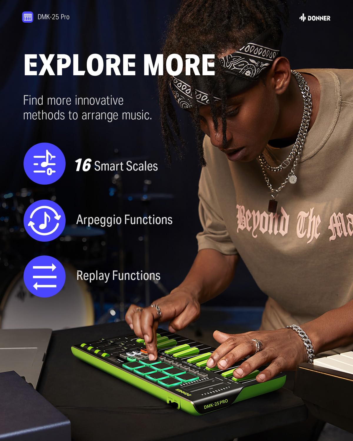 Donner DMK25 Pro 25-Key MIDI Keyboard Controller with USB-C, 8 Drum Pads & OLED Display - Portable Music Production Keyboard for Beginners with Touch Bar, Software & 40 Lessons - Perfect for Home Studio & Live Performances (Green)