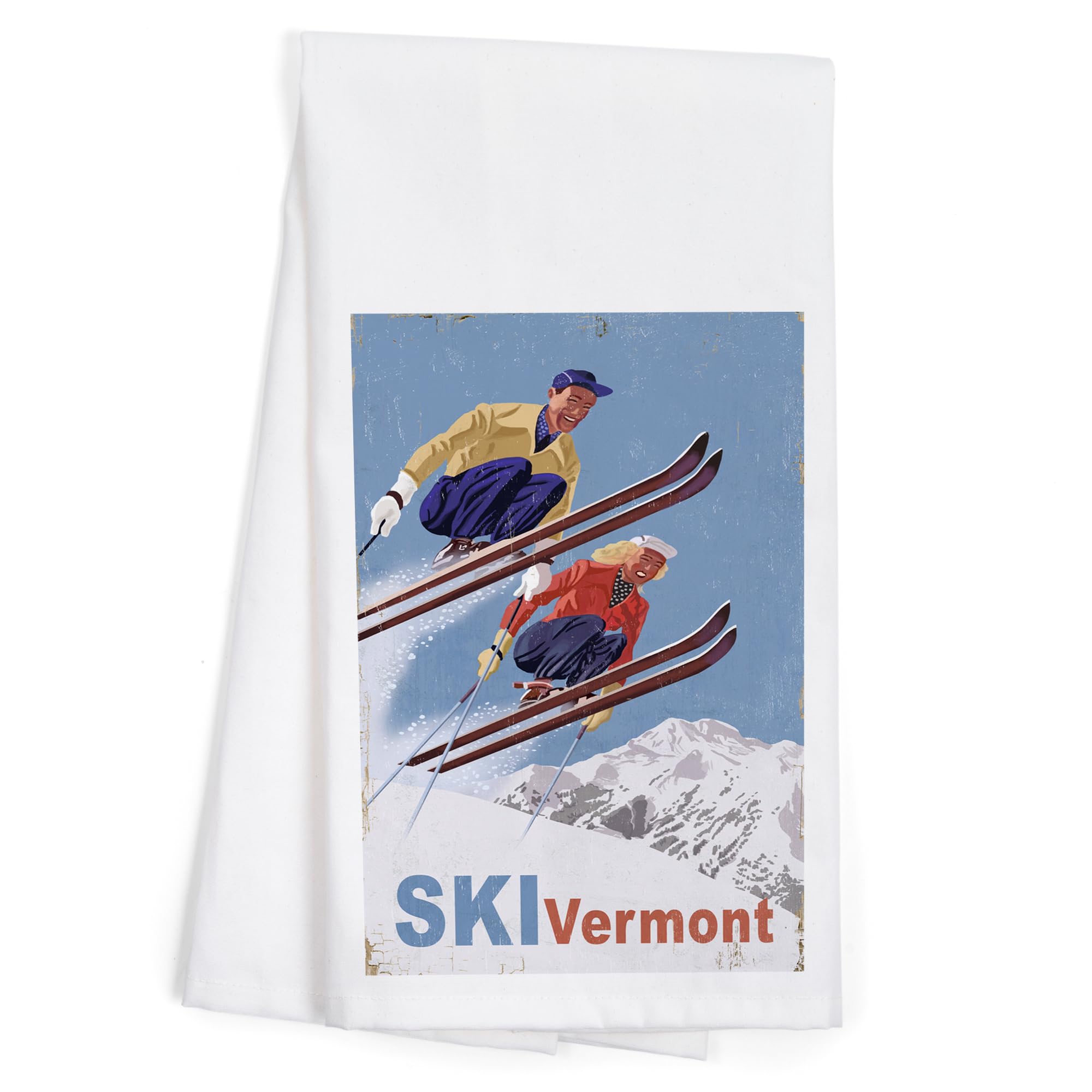 Vintage Skiers Cotton Tea Towel - Lantern Press Ski Vermont Design - Decorative Hand & Kitchen Towel for Home Decor & Dish Drying
