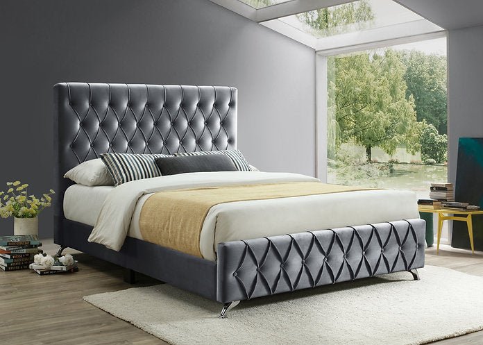 Luxury Grey Velvet Upholstered Bed Frame with Diamond Tufted Headboard & Chrome Metal Legs - Queen Size Platform Bed for Modern Bedroom Decor