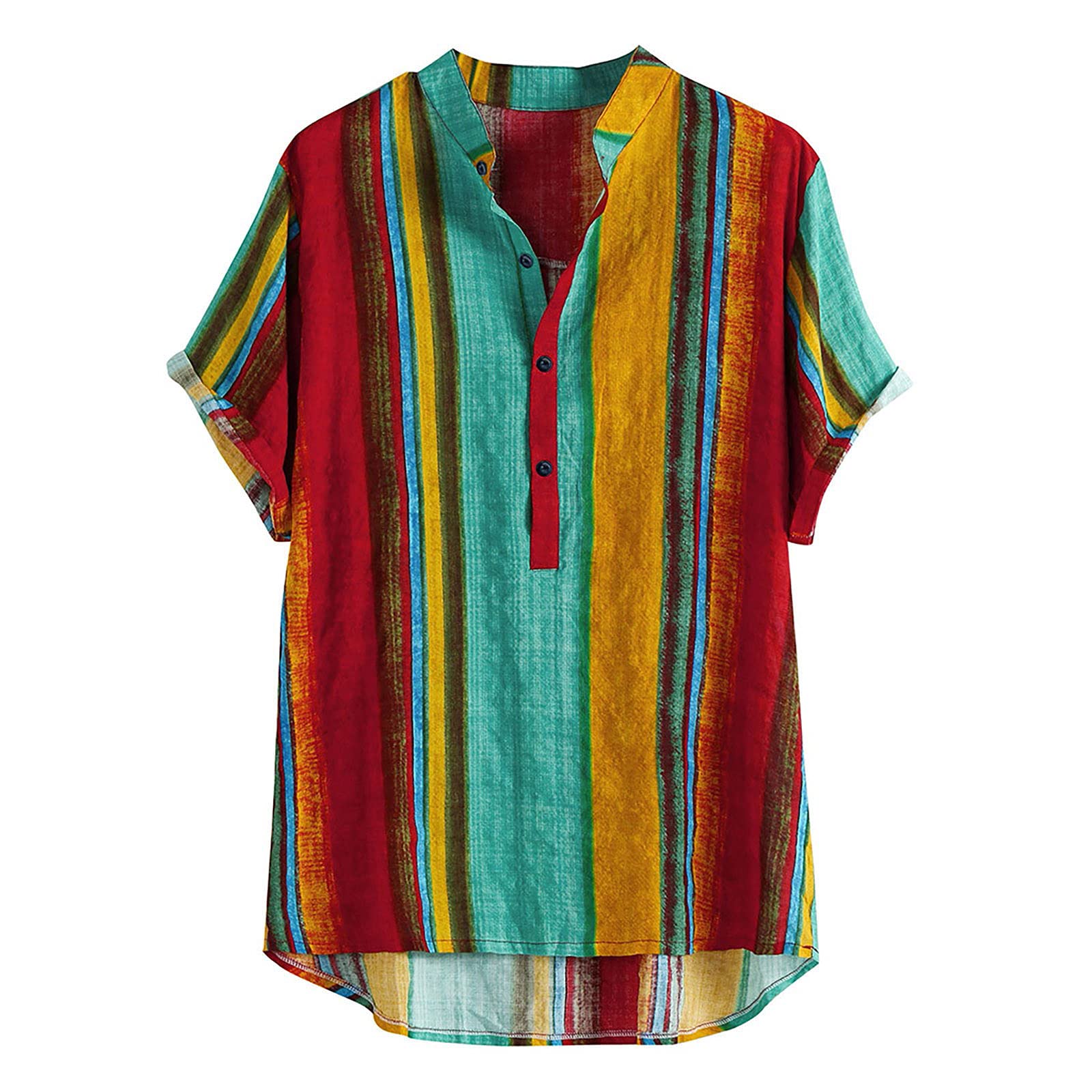 Vintage Striped Button Down Shirt for Men - Soft Linen V-Neck Short Sleeve Casual Shirt, Loose Fit Hippie Style Yoga Top | Perfect for Beach Outings, Music Festivals & Boho Fashion
