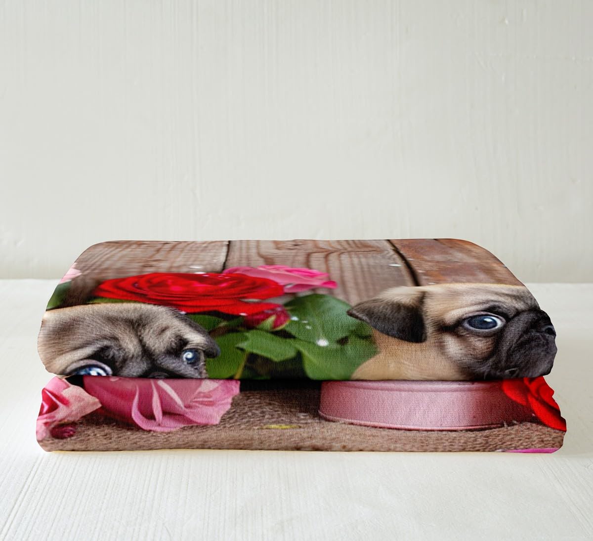 Soft Pug Dog Plush Throw Blanket - Red Pink Rose Floral Sherpa Blanket for Kids, Boys & Girls | Cute Cartoon Pet Animal Blanket for Sofa, Bed, Couch Decor | Cozy Fuzzy Blanket for Nursery, Dorm Room, Gift (40x50 Inches)