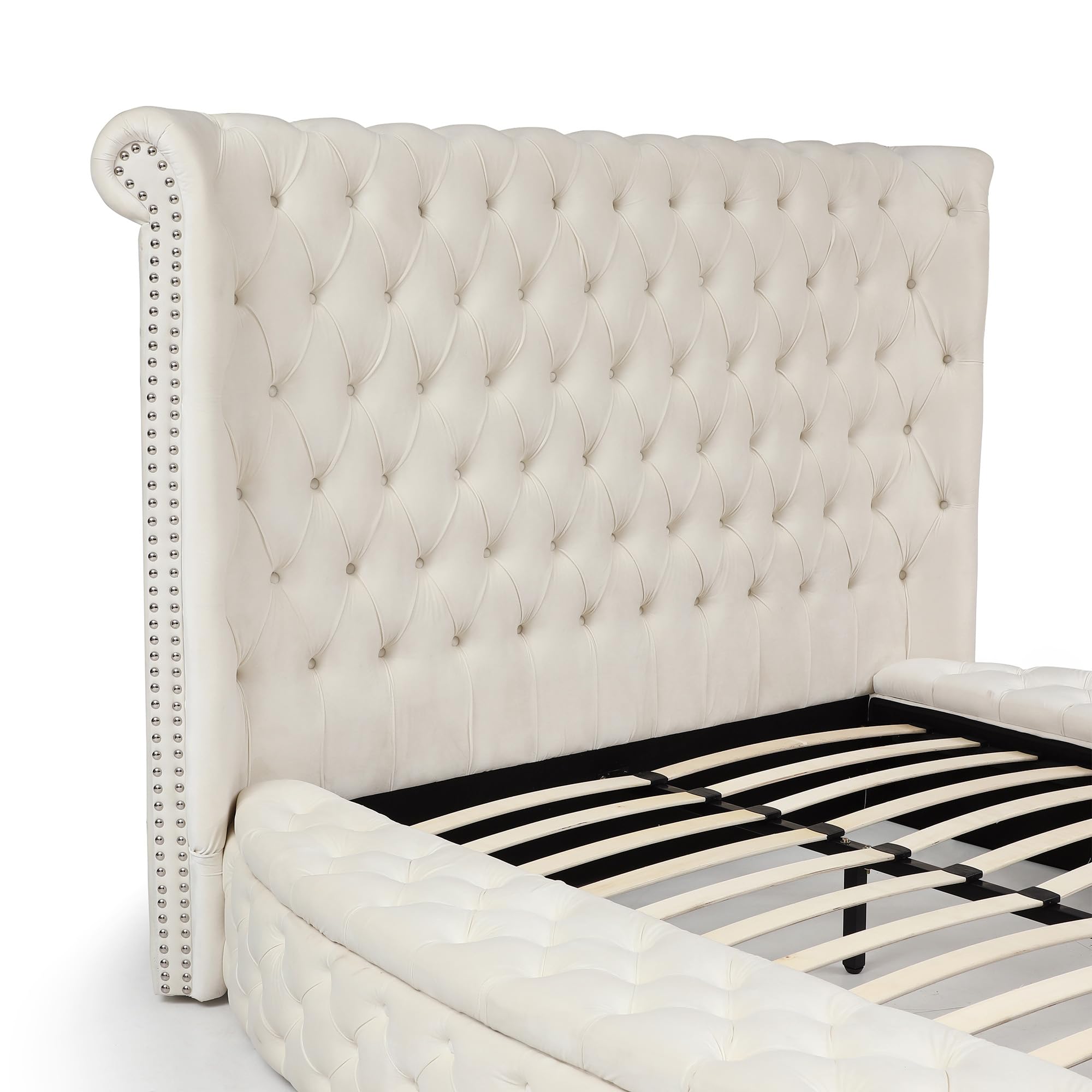 Better Home Products Elizabeth Upholstered Round Storage Queen Bed in Cream - Luxurious Fabric Upholstered Platform Bed with Underbed Storage - Perfect for Small Bedrooms & Guest Rooms