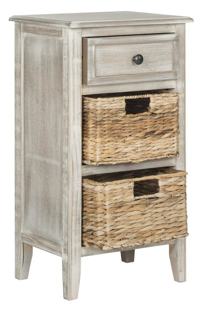 Safavieh Everly White Wash 1-Drawer Side Table with 2 Removable Baskets - Nightstand, Bedside Table, Living Room Accent Furniture for Small Spaces