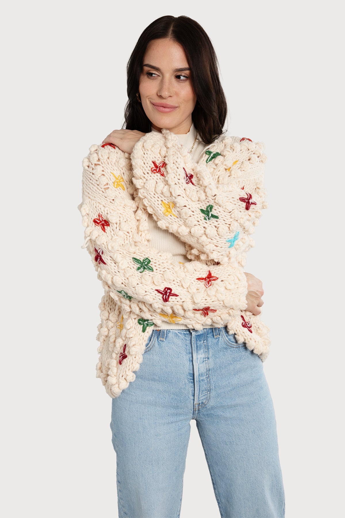 Cozy Knitted Cardigan with Cross Pom Pom Details - Soft Warm Women's Sweater for Fall & Winter - Perfect for Casual Outfits and Layering