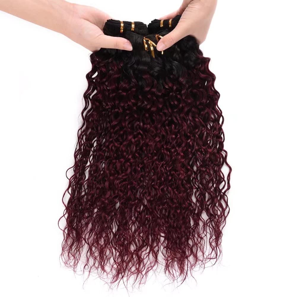 3Pcs Water Wave Ombre Human Hair Bundles 1B/99J Black to Burgundy Brazilian Virgin Hair Extensions (18 20 22 Inch) - Perfect for Sew-in, Clip-in, or Ponytail Styles for Daily Wear & Special Occasions