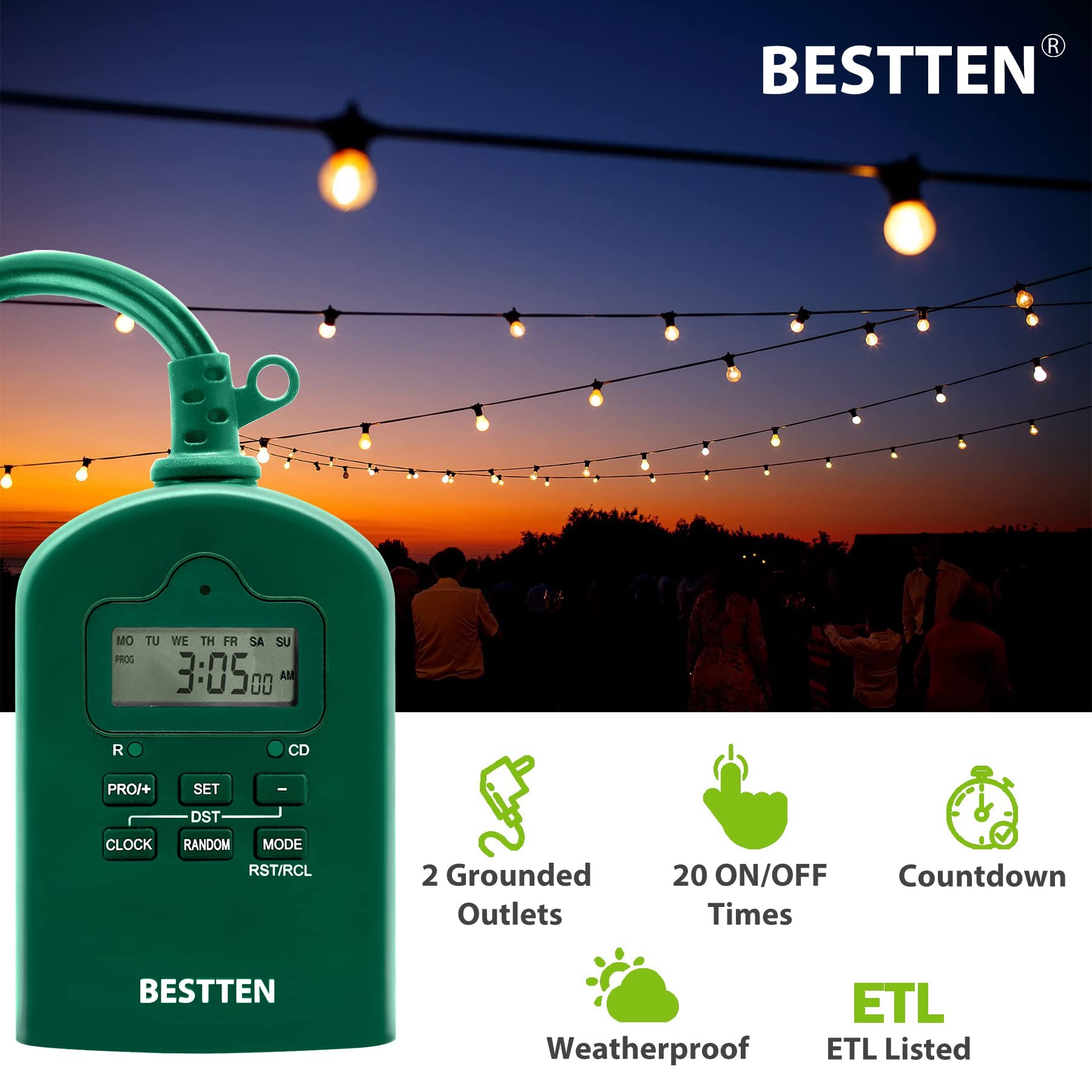 BESTTEN 7-Day Outdoor Digital Programmable Timer with Clock - Dual Grounded Outlets, Weatherproof, ETL Certified - Perfect for Garden Lights, Holiday Decorations & Pool Equipment