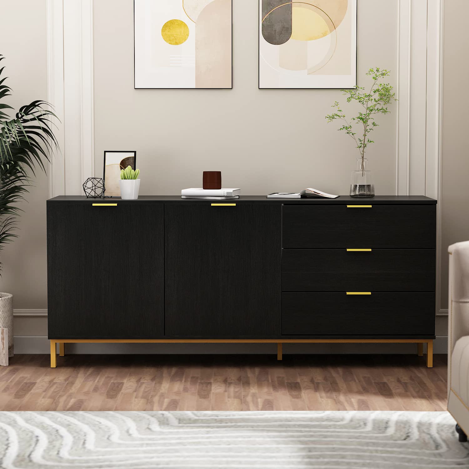 ECACAD Modern Sideboard Buffet Cabinet with 2 Doors & 4 Drawers - Kitchen Storage Cupboard with Multiple Compartments & Gold Metal Legs - Black (62.9”W x 15.7”D x 27.5”H) - Perfect for Dining Room, Living Room & Entryway Storage