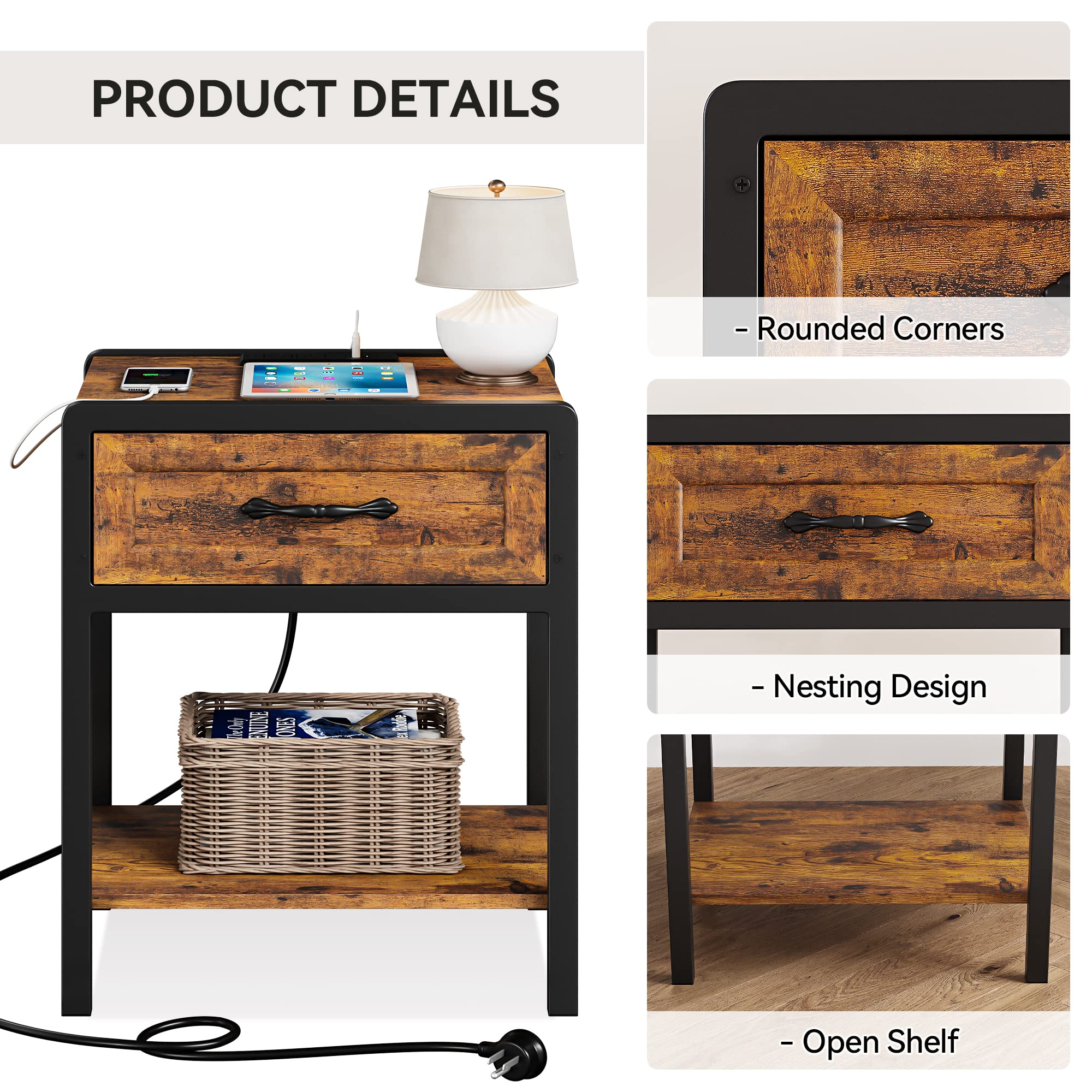 3-Piece Full Size Bedroom Set with Wood Headboard Platform Bed Frame, Ottoman Bench & 2 Nightstands with Charging Stations & Storage Drawers - Modern Bedroom Furniture for Small Spaces & Guest Rooms