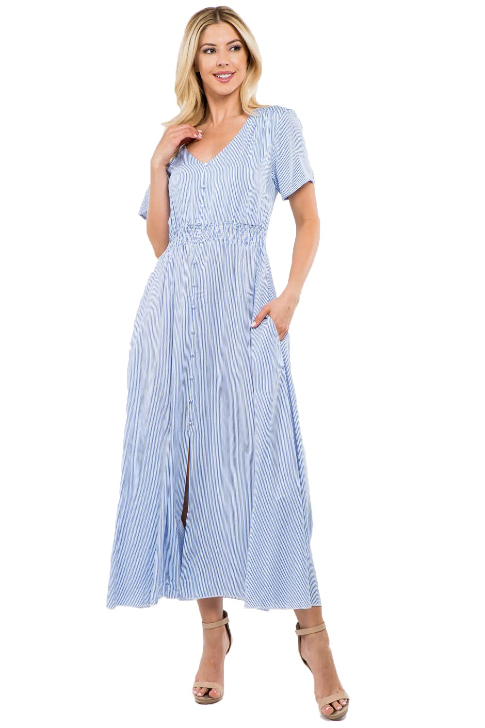MIAMINE Women's Floral Print V-Neck Maxi Dress with Pockets & Side Slit - Casual Button Up Long Dress for Spring Fall Parties, Beach Vacations & Date Nights